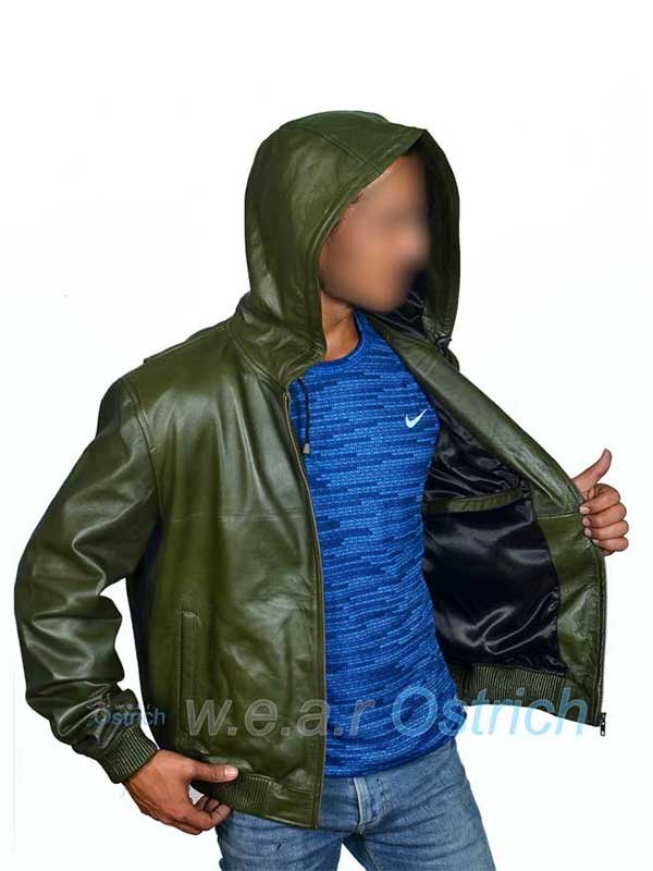 Green Bomber Leather Motorcycle Jacket for Men
