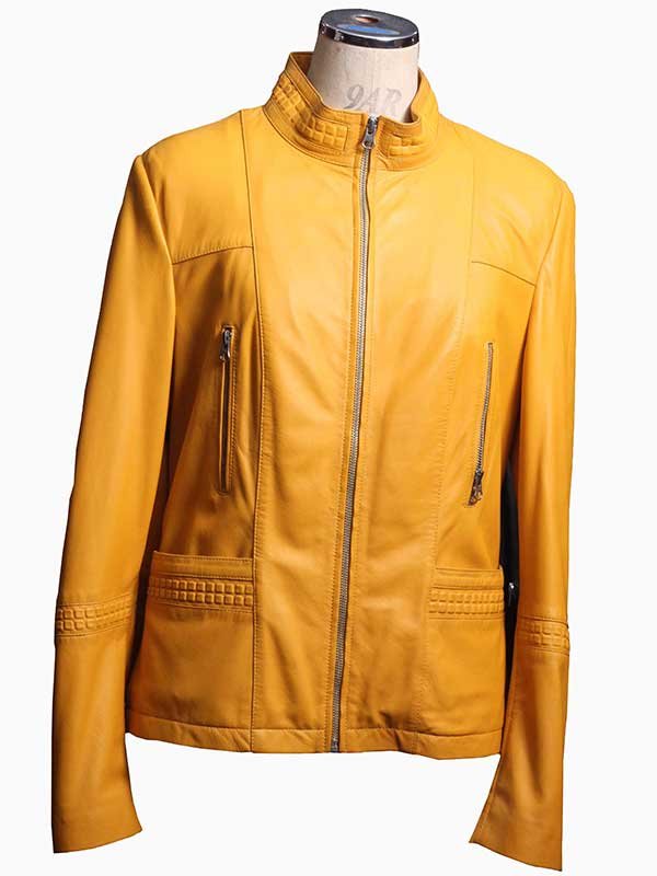 Woman Leather Hooded Down Jacket yellow colour Ladies