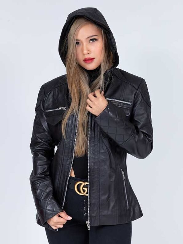 leather hooded jacket women