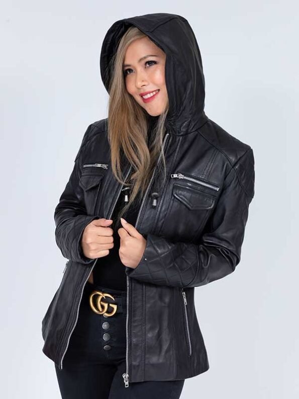 hooded leather jacket womens