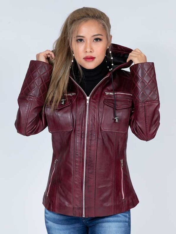 leather jacket with hood for women
