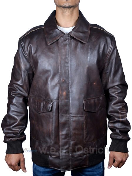 mens brown leather bomber jacket