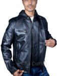 mens black leather jacket with hood
