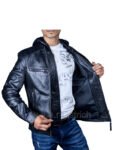 mens black leather jacket with hood