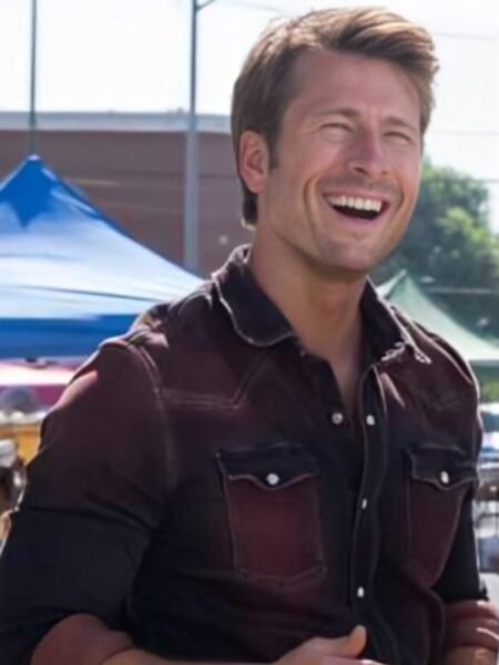 Glen-Powell-Twisters-Tyler-Owens-Brown-Denim-Shirt