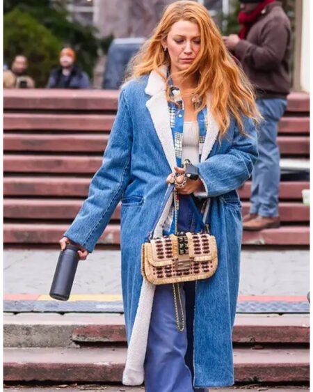 Blake Lively It Ends With Us 2024 Blue Denim Shearling Coat