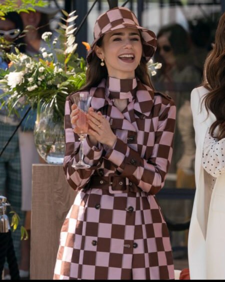 Emily-In-Paris-S04-Lily-Collins-Pink-Brown-Checkered-Trench-Coat-1