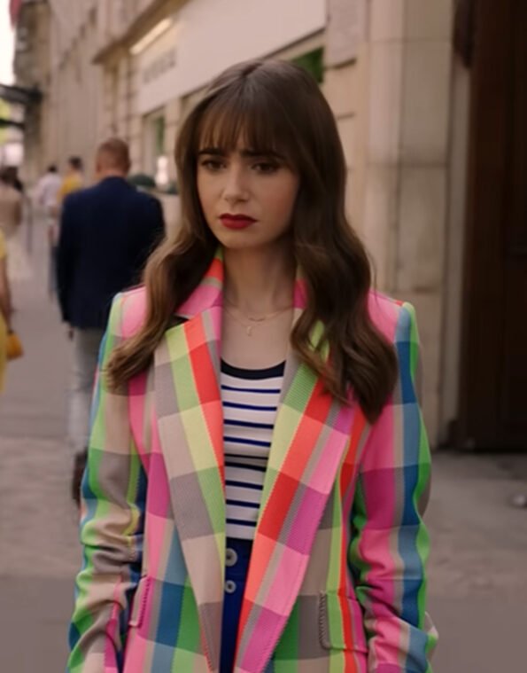 S03 Lily Collins Emily In Paris Multi-Color Checkered Blazer