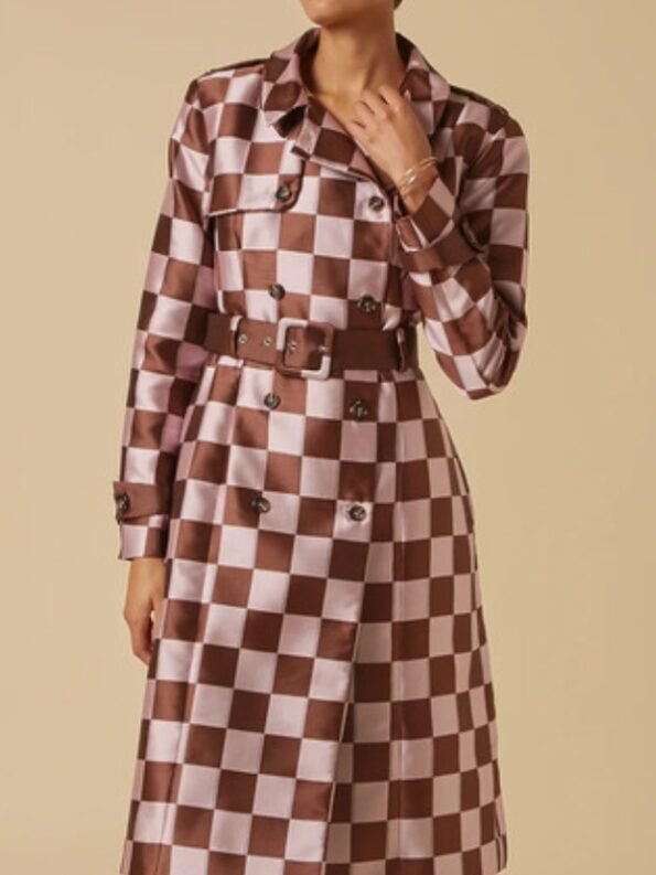 Lily Collins Emily In Paris S04 Pink Brown Checkered Trench Coat