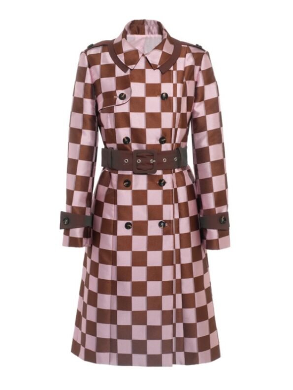 Lily-Collins-TV-Series-Emily-In-Paris-S4-Emily-Cooper-Pink-Brown-Checked-Print-Trench-Coat