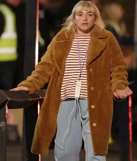 We live in Time Florence Pugh Almut Brown Shearling Trench Coat