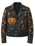 Halloween Ghost & Pumpkin Black Leather Jacket