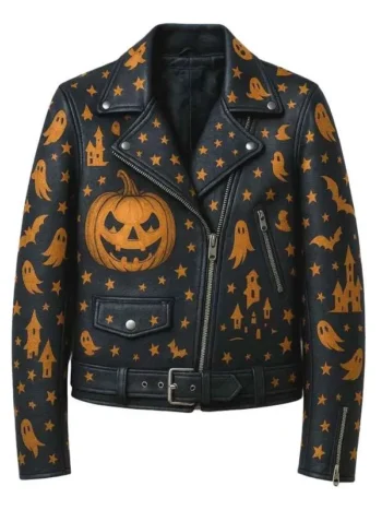 Halloween Ghost & Pumpkin Black Leather Jacket