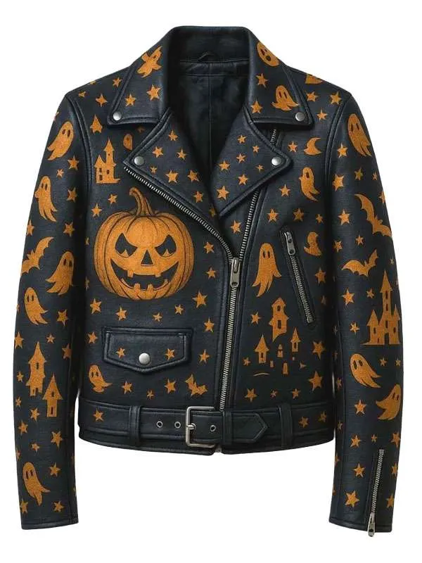 Halloween Ghost & Pumpkin Black Leather Jacket Halloween Ghost & Pumpkin Black Leather Jacket