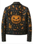 Halloween Ghost & Pumpkin Black Leather Jacket