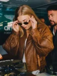 Becky-Hill-F1-British-Grand-Prix-Brown-Leather-Jacket.webp