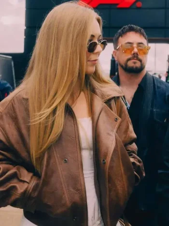 Becky-Hill-F1-British-Grand-Prix-Brown-Leather-Jacket1.webp