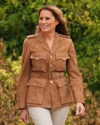 Melania-Trump-Brown-Suede-Belted-Jacket.webp