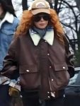 Natasha Lyonne Poker Face S02 Brown Leather Aviator Jacket
